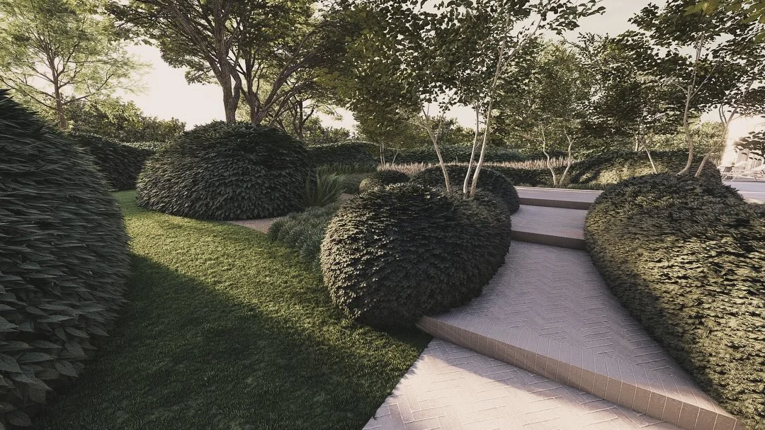 3D-visualisatie van een tuinontwerp met organische hagen en meerstammige bomen – ontwerp KM Tuinarchitect