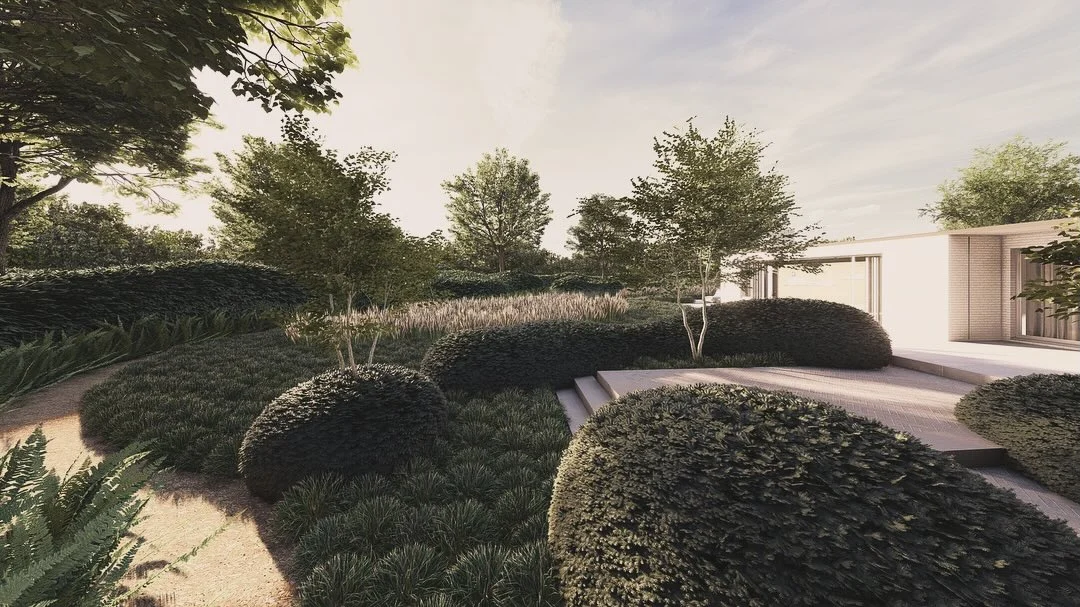 3D-visualisatie van een tuinontwerp met gras, hagen en bomen – ontwerp KM Tuinarchitect