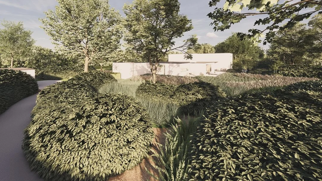 3D-visualisatie van een tuinontwerp met weelderige beplanting – ontwerp KM Tuinarchitect